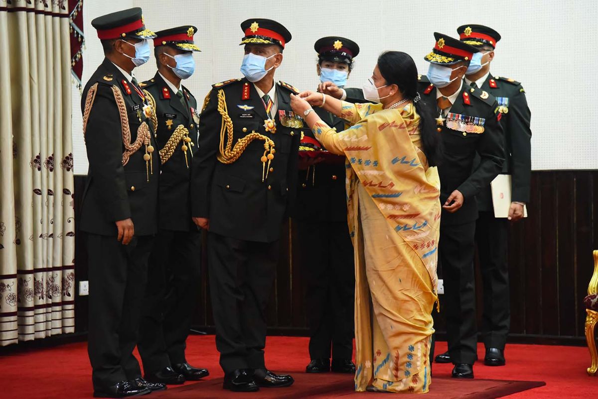 president-bhandari-confers-rank-insignia-on-army-chief-sharma-photo-feature